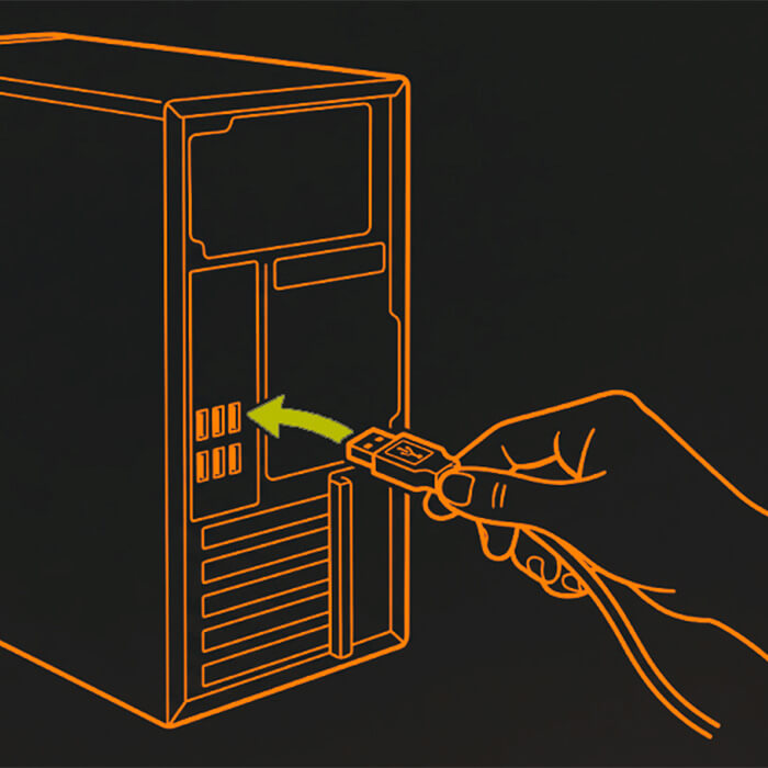 Connect USB-A to rear PC port