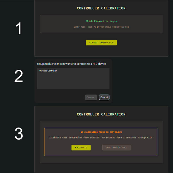 Interface steps A, B, C for controller connection